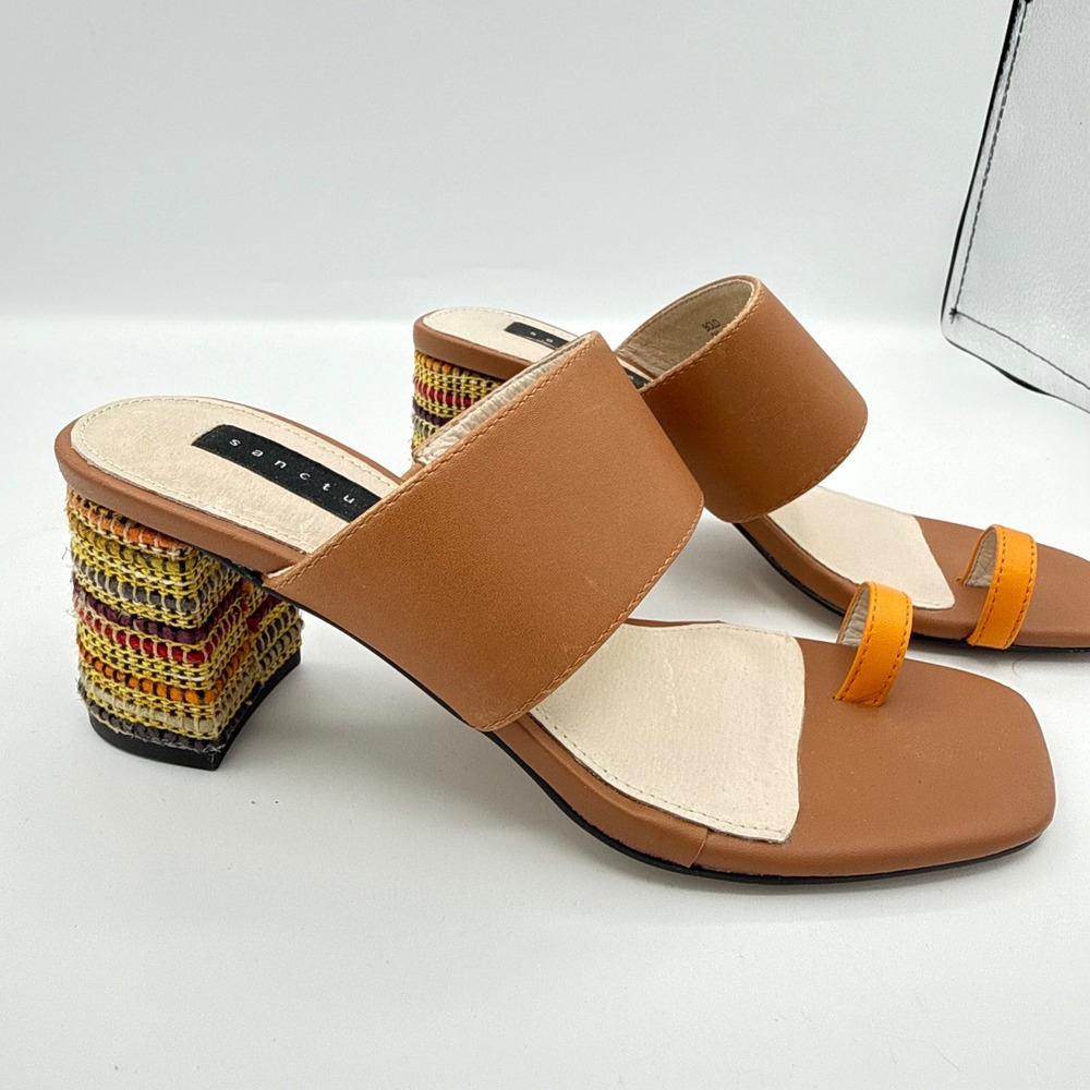 Sanctuary Leather Sandals Womens 5M Tan Orange Woven Block Heel vacation beach